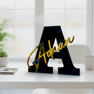 Personalized Acrylic Name Stand – Luxury Black & Gold Custom Name Decor for Home & Events