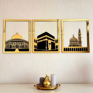 Kaaba, Masjid Nabwi, Al-Aqsa Islamic Wall Art Set of 3 - Golden Mirror Acrylic