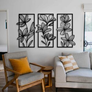 Modern Floral Wall Art Set of 3 – Botanical Gold & Black Acrylic Minimalist Flower Wall Decor for Living Room