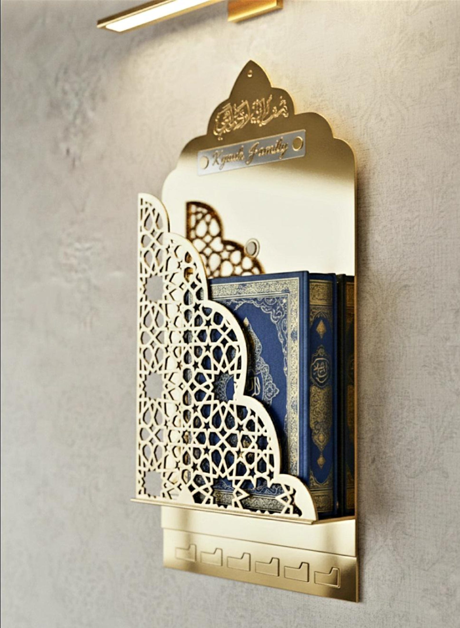 Personalized Quran Box Metal Wall Shelf with Tasbeeh Hooks – Islamic Wall Decor for Home & Prayer Room - Image 3
